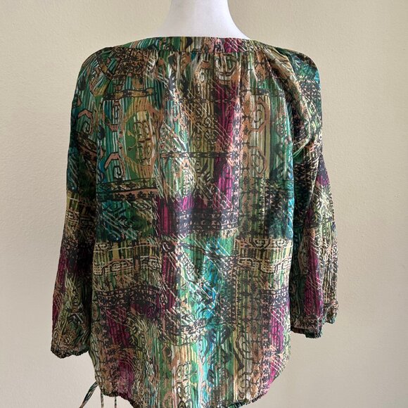 Neiman Marcus Blouse Womens SZL Silk Blend Multicolor Print Long Sleeve Side Tie - Picture 2 of 9
